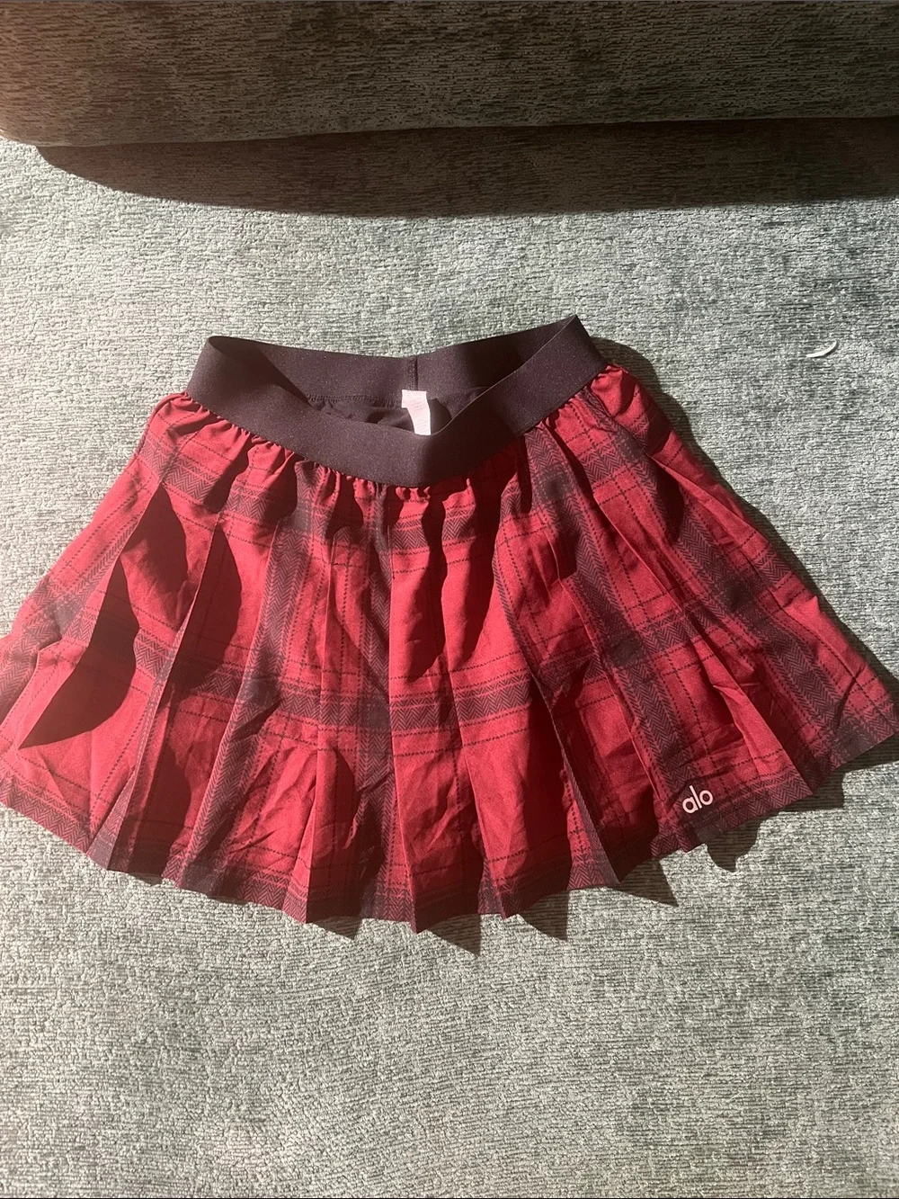 ALO Yoga Red Plaid Circle Skater Skirt with Black Waistband